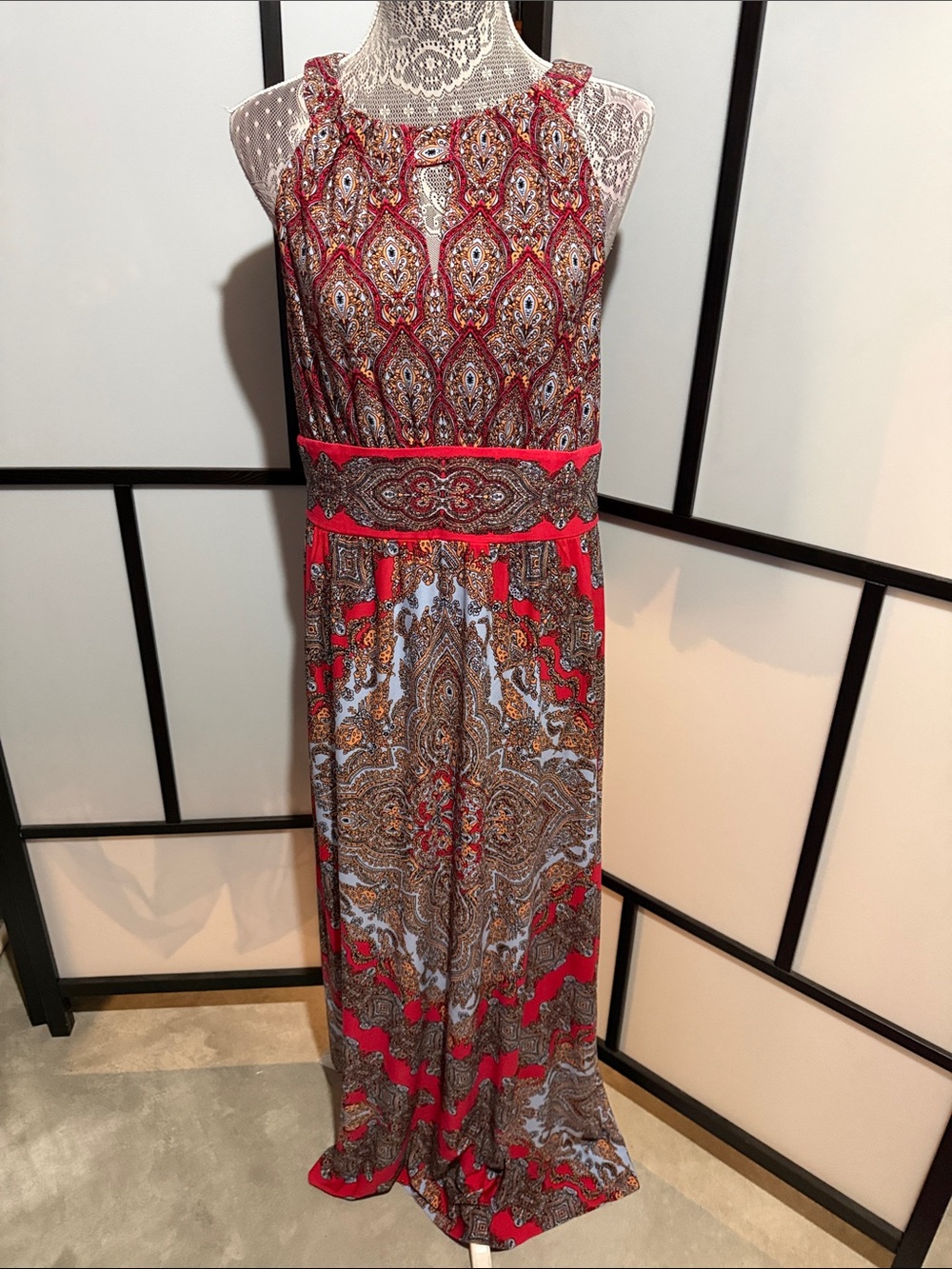 London Times Red and Blue Paisley Maxi Dress